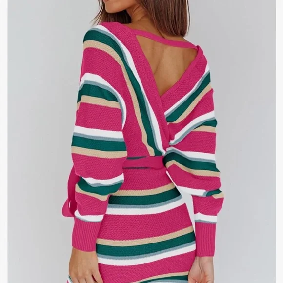 Striped Pink Wrap Sweater belted dress - Picture 13 of 13